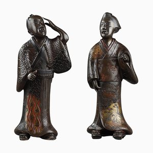 Bronze Figures of a Geisha and a Samurai, 1900, Set of 2