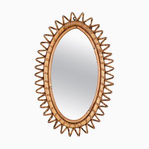 French Riviera Oval Mirror in Spiral Rattan and Bamboo, Italy, 1970s