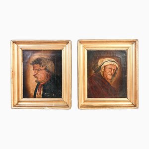 Retratos grotescos, década de 1800, pinturas al óleo, enmarcado. Juego de 2