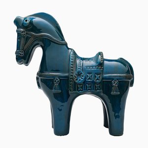 Cheval de Rimini en Céramique Bleu Pétrole attribué à Aldo Londi pour Bitossi, Italie, 1960