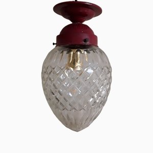 German Red Lacquered Brass Ceiling Lamp with Drop-Shaped Crystal Glass Shade, 1900s