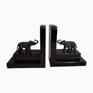 German Art Deco Book Supports in Black and Gray Stone with Green-Patinated Bronze Elephants, 1930s, Set of 2