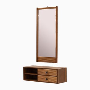 Danish Mirror with Floating Wall Cabinet, 1960s, Set of 2