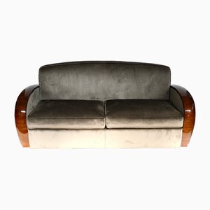 Art Deco Sofa in Walnut and Grey Upholstery, 1930s