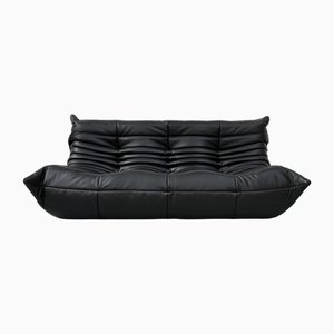 French Togo Sofa in Black Leather by Michel Ducaroy for Ligne Roset, 1970s