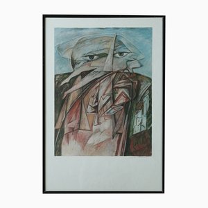 Cyr Frimout, Man with Two Heads, 1990s, Lithograph, Framed