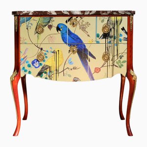 Louis XV Chest with Gold Birds Design and Marble Top, 1950s