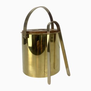 Secchiello per il ghiaccio in ottone e teak e pinza per il ghiaccio attribuiti ad Arne Jacobsen per Stelton Brassware, anni '60