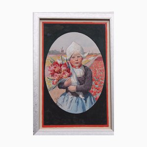 Karl Feiertag, A Flowergirl, Early 20th Century, Gouache & Watercolor, Framed