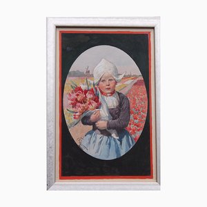 Karl Feiertag, Flowergirl, inizio XX secolo, guazzo e acquerello, con cornice
