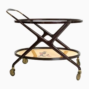Vintage Ebonized Beech Serving Cart with Oriental Print by Cesare Lacca, Italy
