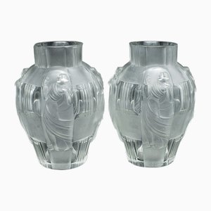 French Art Nouveau Flower Vases in Frosted Glass after Lalique, Set of 2