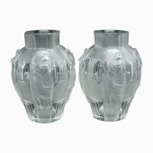 Jarrones franceses modernistas de vidrio esmerilado según Lalique, Juego de 2