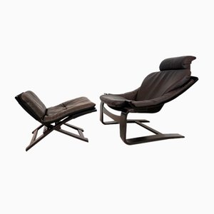 Kroken Lounge Chair with Ottoman in Leather by Åke Fribytter for Nelo Möbel, 1970s, Set of 2