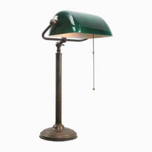 Art Deco Brass and Green Glass Banker Table Lamp