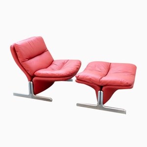 Lounge Chair and Footrest in Red Leather by Vitelli e Ammannati for Brunati, 1970s-1980s, Set of 2