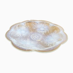 Large Moulded Opalescent Pressed Glass Fruit Dish with Flowers & Pearls Motif, France, 1930s