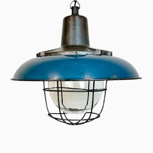 Large Industrial Blue Enamel and Cast Iron Cage Pendant Light, 1960s
