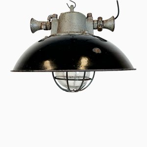 Lampe à Suspension Industrielle Cage en Émail Noir et Fonte, 1950s