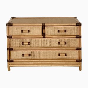 Cassettiera bassa in bambù e vimini, anni '70