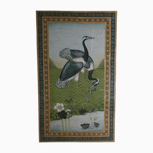 Composition with Birds, 20th Century, Painting on Silk, Framed