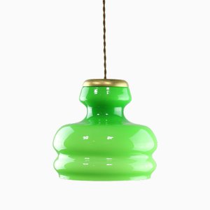 Lampe à Suspension Mid-Century en Laiton Vert et Verre, Italie