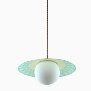 Lampe à Suspension Ange Mid-Century en Laiton et Opaline, Italie