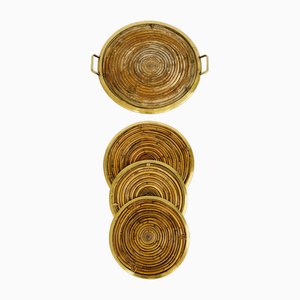Rattan and Brass Table Service Set, Italy, 1970, Set of 4