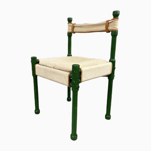 Mid-Century Scandinavian Safari Hunting Dining Chair in Green, Wood, Leather & Linen, 1970s