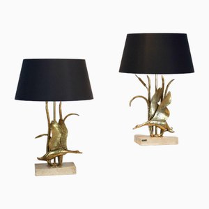 Wild Duck Table Lamps in Travertine and Gilt Metal by Lanciotto Galeotti, 1890s, Set of 2