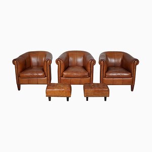Vintage Dutch Cognac Leather Club Chairs with Footstools, Set of 5