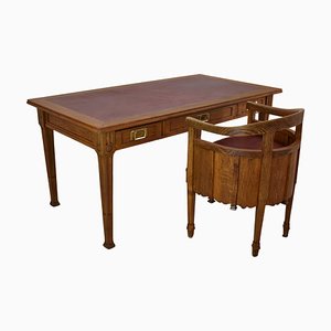 Französischer Schreibtisch aus Holz & Leder mit Stuhl, 1920er, 2er Set