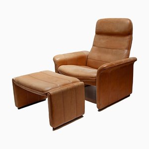 Camel Leather Ds-50 Lounge Chair & Footstool attributed to de Sede, 1970s, Set of 2
