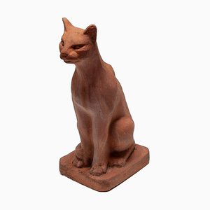 Escultura de terracota de un gato sentado, años 70