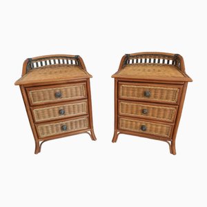 Mid-Century Rattan Nightstands & Dressing Table with Mirror in Wicker & Bamboo, Set of 3