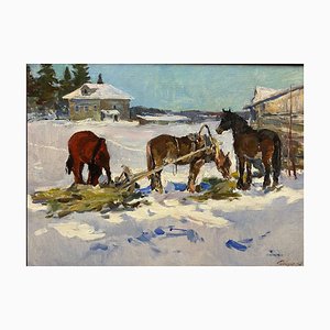 Leonid Vaichili, febrero, caballos en la nieve, pintura al óleo, 1965