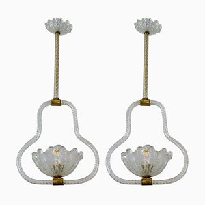 Art Deco Murano Glass and Brass Pendants or Lanterns attributed to Barovier from Erco, 1940