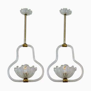 Lámparas colgantes o faroles Art Déco de cristal de Murano y latón atribuidos a Barovier de Erco, 1940