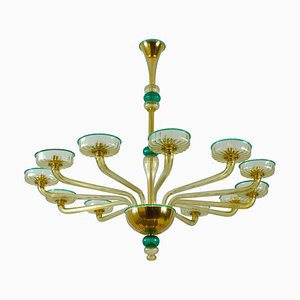 Lámpara de araña de vidrio soplado esmeralda y ámbar atribuida a Venini, años 70