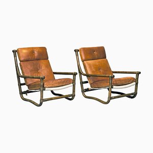 Swedish Leather and Bamboo Easy Chairs, 1960s, Set of 2