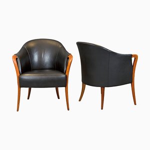 Armchairs in Walnut and Leather in style of Umberto Asnago Progetti, 1980s, Set of 2