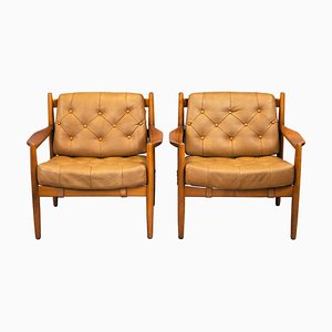 Läckö Armchairs in Stained Beech and Leather by Ingemar Thillmark, 1960s, Set of 2