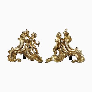 Chenets Louis XV en Bronze Doré, 1760s, Set de 2