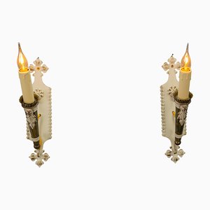 Vintage Italian White and Golden Metal Torch Shaped Wall Sconces, 1950s, Set of 2