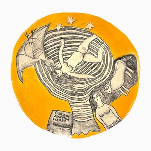 Corneille, Composition avec Femme, Oiseau et Chat, Plat en Céramique