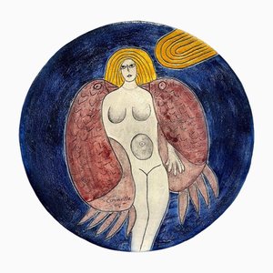 Corneille, Composition avec Oiseau et Femme, Plat en Céramique