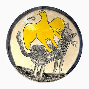Corneille, Composition with Bird and Cat, Ceramic Dish
