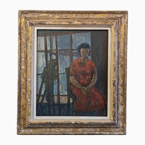 Seated in Red, 1950s, Oil Painting, Framed