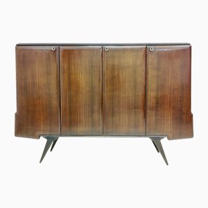 Vintage Walnut Highboard with Mirrored Interiors and Brass Details, Italy