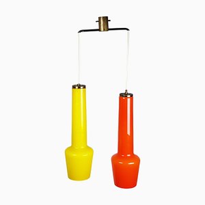 Lampe à Suspension en Verre de Murano Orange et Jaune et Laiton de Stilnovo, 1950s
